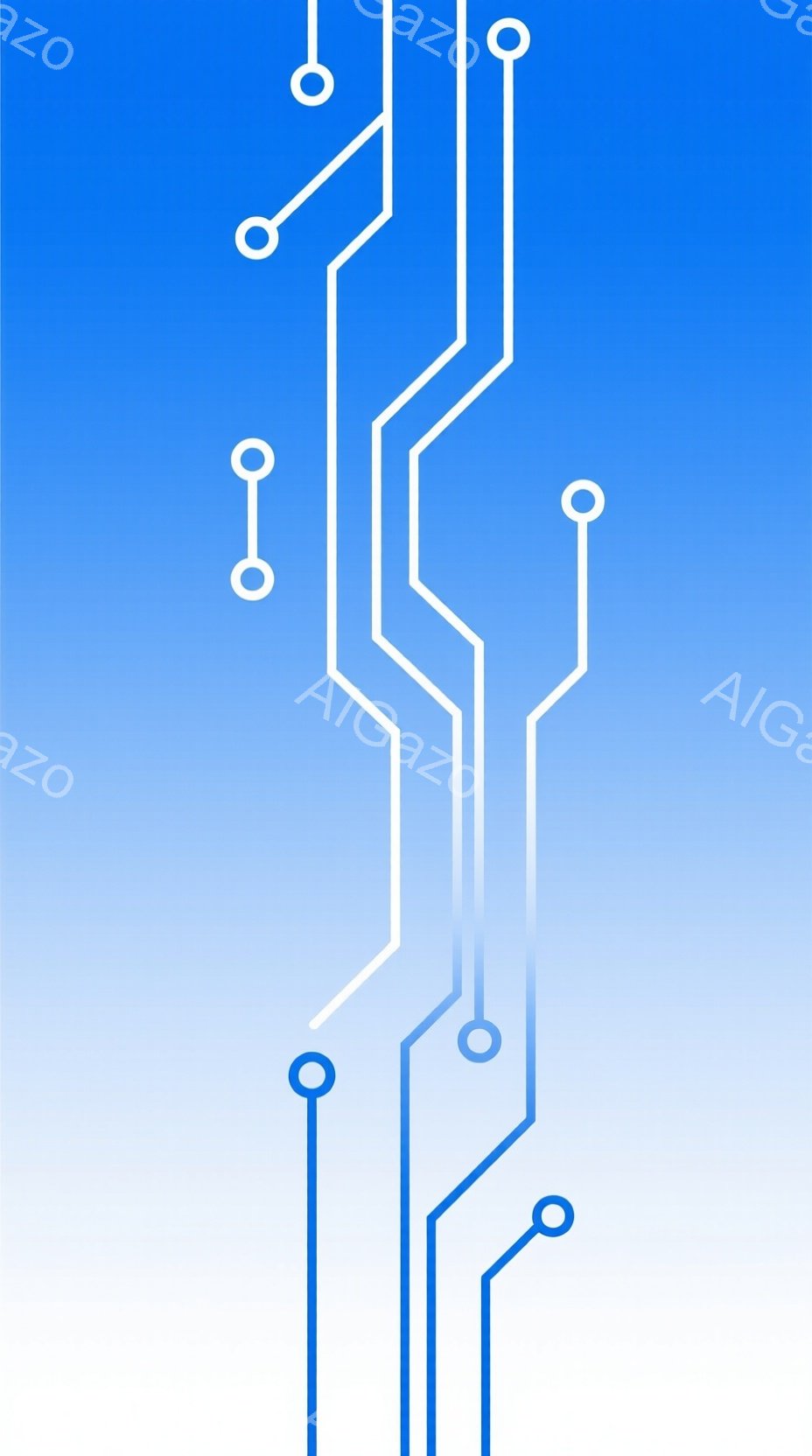 この画像は、青と白のグラデーションを背景に、白い線が複雑に絡み合ったデザインです。線は回路図のように見え、点線で結ばれた円形のノードがいくつか配置されています。全体的に未来的なテクノロジーやデジタル接 - AI生成フリー素材