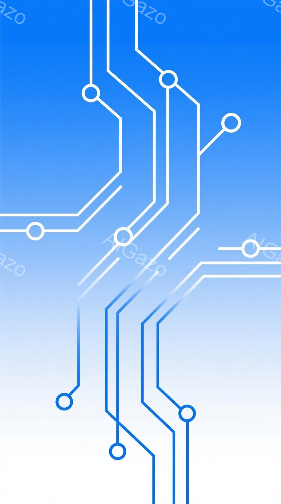 この画像は、白から青へのグラデーションの背景に、白い線で描かれた回路のような模様が描かれています。線は、円形のノードで接続され、複雑なネットワークを形成しています。全体的に、未来的なテクノロジーやデジ - AI生成フリー素材