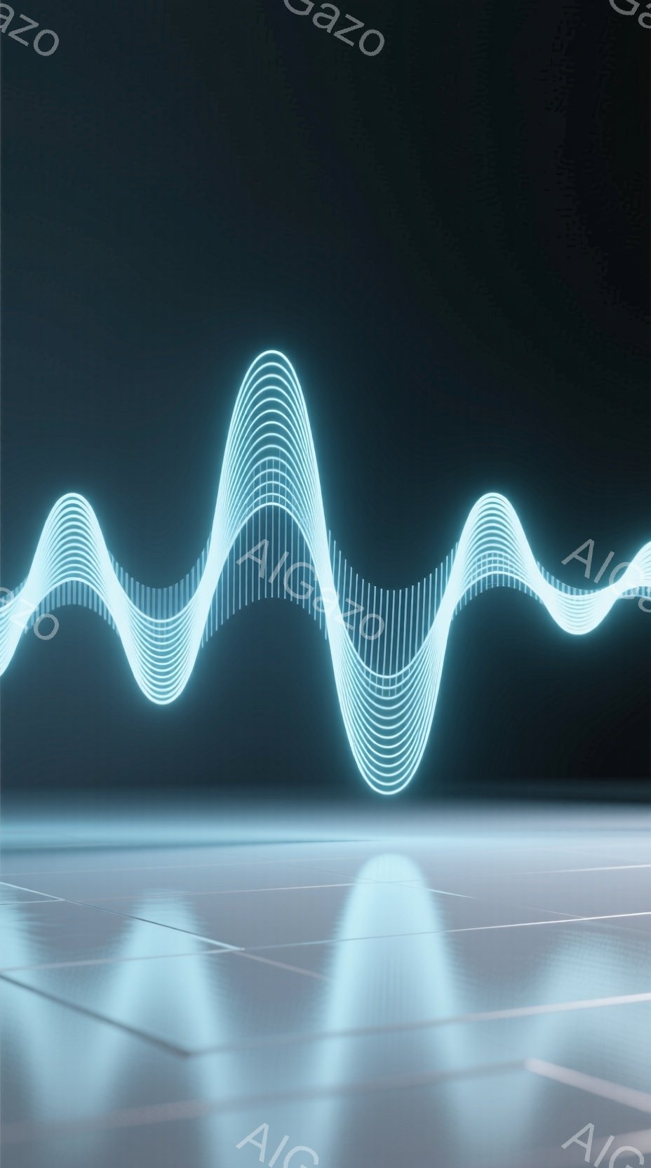 この画像は、暗い背景に浮かび上がる青白い光の波のような線を描写しています。光の線は、複雑な波形を描き、床面にはその光の反射がぼんやりと光っています。全体的に未来的な、またはテクノロジーを感じさせる静謐な雰囲気です。