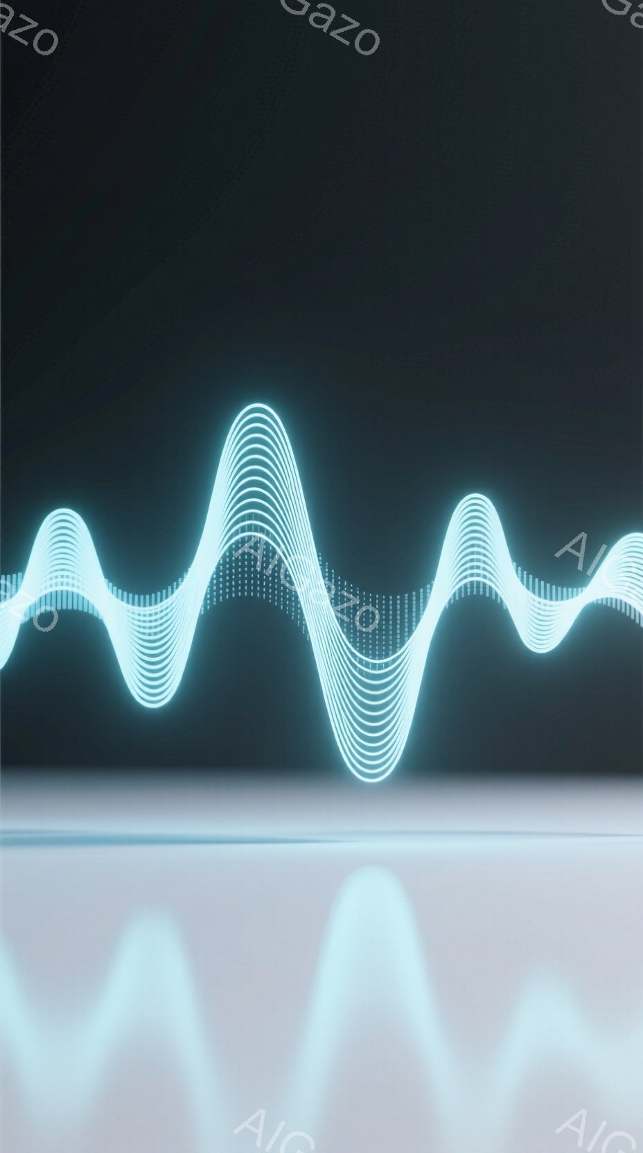 鮮やかな水色の波形が、暗い背景に浮かび上がっています。波形は細い光の線で構成され、まるで音やエネルギーの流れを視覚化したかのようです。下部にはぼやけた光の帯があり、波形を支えるような印象を与えています - AI生成フリー素材