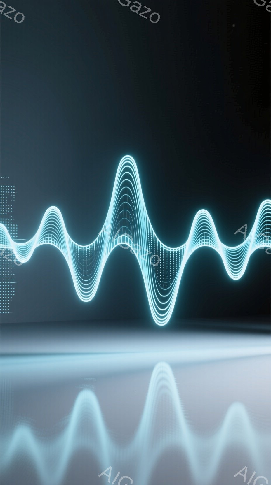 鮮やかな水色の波形が、暗い背景に浮かび上がっています。波形はまるで光の筋のように、立体的に表現されており、その下には水面に映った波形の反射が見えます。全体的に未来的な雰囲気で、テクノロジーや音響に関連するイメージを喚起させます。