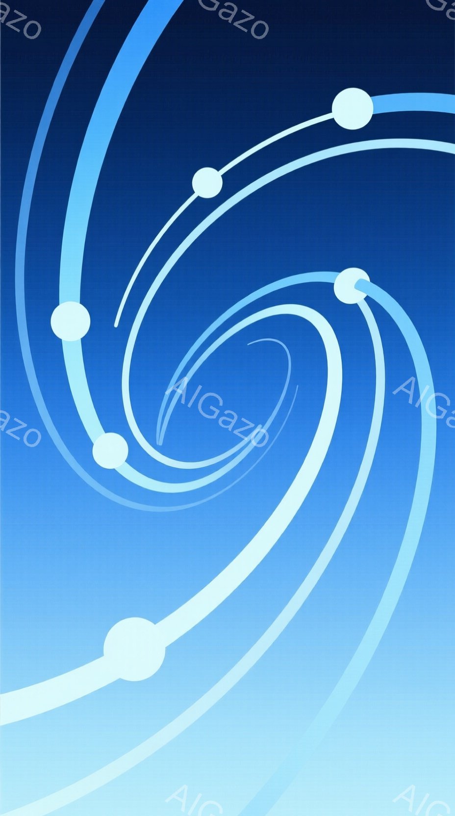 この画像は、青と白の渦巻き状の抽象的なデザインです。明るい青から濃い青へのグラデーションが背景にあり、白の曲線が螺旋を描き、その上に明るい白い球体が等間隔に配置されています。全体的に、動きとエネルギーを感じさせる、未来的な雰囲気を持っています。