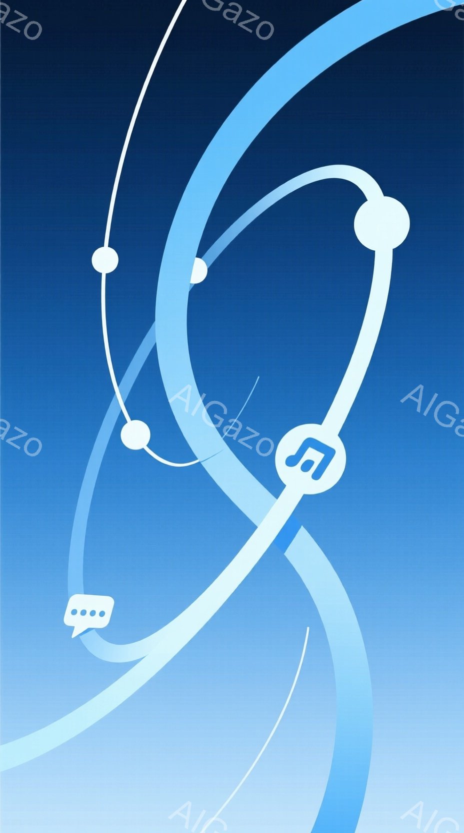 この画像は、明るい青色のグラデーション背景の上に、曲線と円で構成された抽象的なデザインです。曲線は、まるで軌道を描くように絡み合い、白い円が点在しています。全体的に軽やかで未来的な雰囲気を醸し出しており、動きとエネルギーを感じさせます。