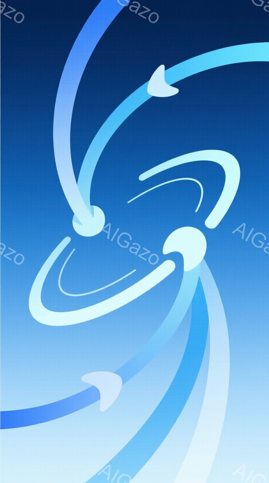 この画像は、青と白を基調とした抽象的なデザインです。渦巻くような線が複数描かれており、流動的でダイナミックな印象を与えます。背景はグラデーションで、光の動きやエネルギーの流れを表現しているように見えます。