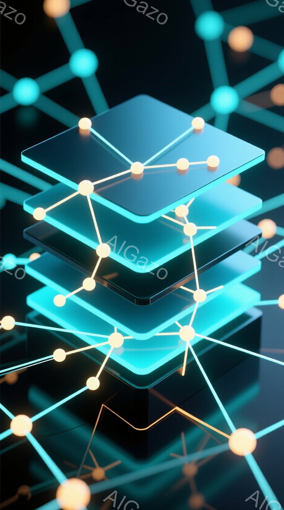 この画像は、暗い背景に浮かぶ、青緑色の光を放つ層状の立方体が積み重なった構成になっています。各立方体は発光しており、明るい黄色の点が線で結ばれて、立方体の周囲にネットワークのような構造を作っています。全体的に未来的な雰囲気で、データや接続性を連想させる抽象的なイメージです。
