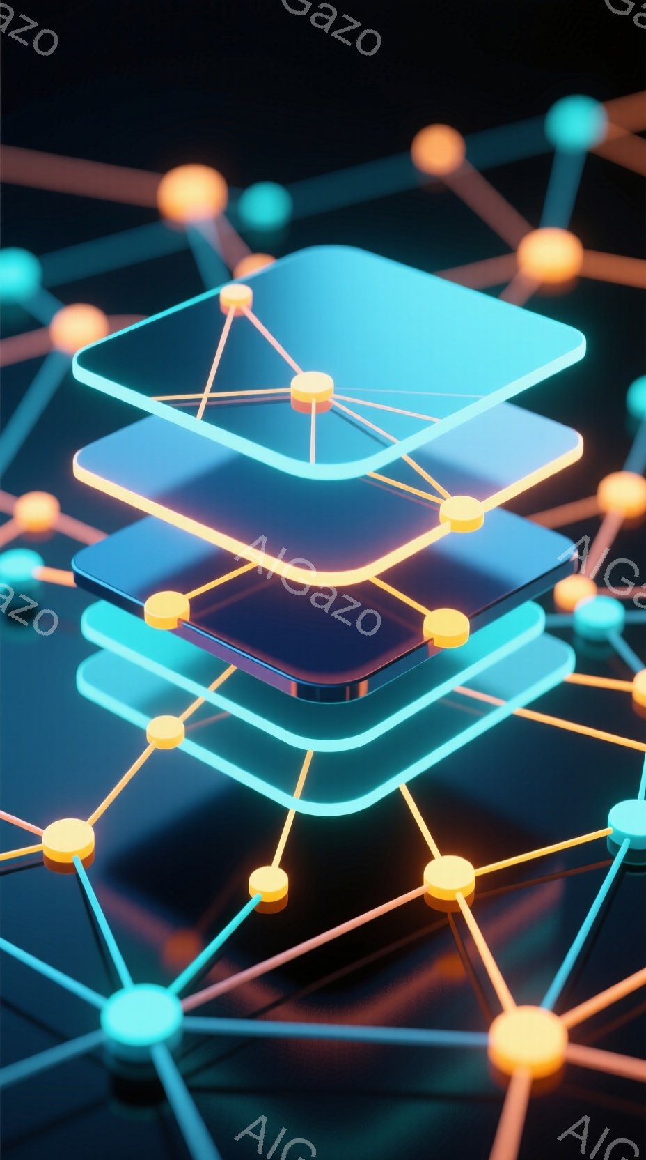 鮮やかなネオンカラーのネットワークが、暗い背景に浮かび上がっています。複数の半透明の四角形が積み重ねられ、その頂点をつなぐ鮮やかなオレンジ色の光の線が複雑なパターンを形成しています。全体的に近未来的で - AI生成フリー素材