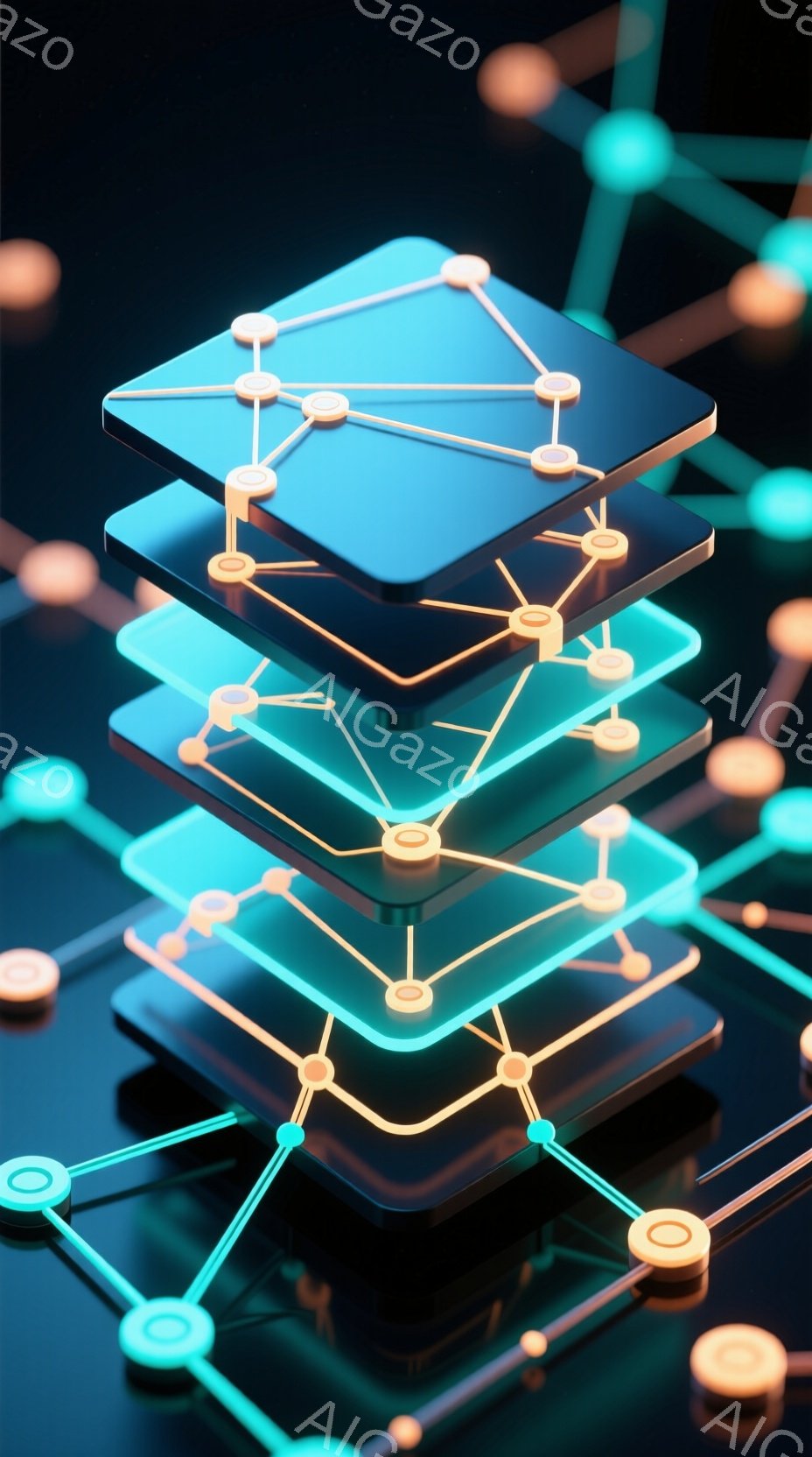 鮮やかなターコイズブルーのキューブが何層にも重なり、未来的なネットワーク構造を形成しています。各キューブは発光するオレンジ色の円で接続されており、暗い背景に浮かび上がる様子が印象的です。全体的にクールでテクノロジーを感じさせる雰囲気で、データや接続性を象徴しているように見えます。