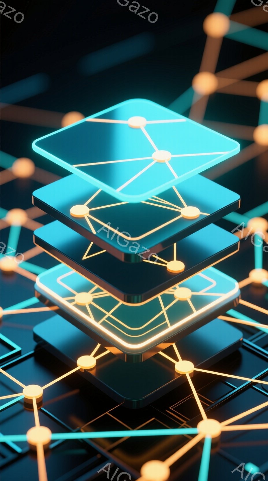 鮮やかなネオンブルーとオレンジ色が特徴的な、未来的な抽象的な画像です。複数の発光する立方体が積み重ねられ、それらを繋ぐ複雑なネットワークが描かれています。暗い背景に浮かび上がる鮮やかな光は、テクノロジーと接続性を強調し、サイバーパンク的な雰囲気を作り出しています。