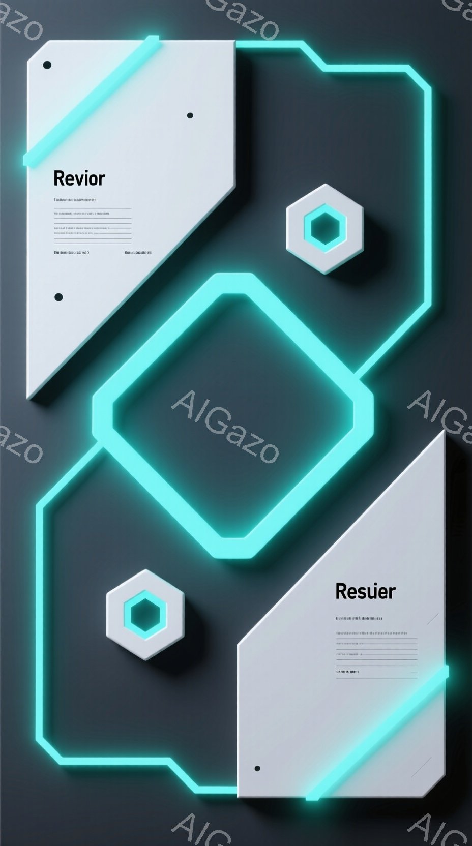 この画像は、ターコイズブルーのネオンライトのような光を放つ幾何学的な構造が特徴です。六角形と長方形が複雑に組み合わさり、まるで未来的な回路やエネルギーの流れを表現しているかのようです。全体的にクールで、ハイテクな雰囲気を醸し出しています。