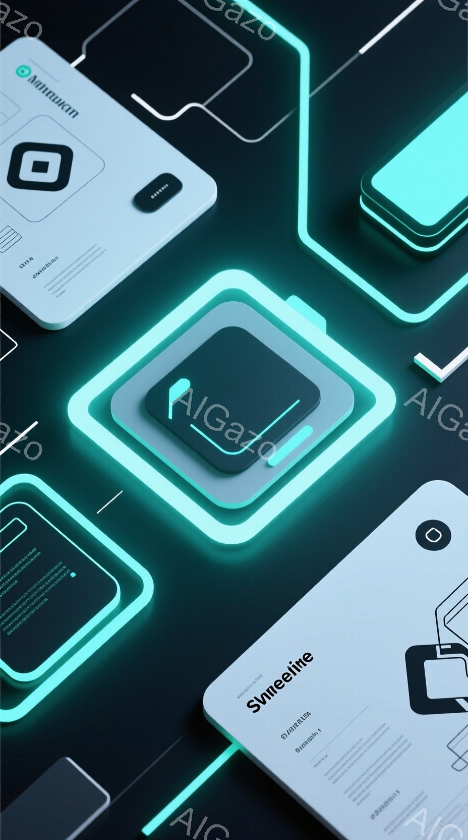 この画像は、未来的なインターフェースを模した、複数の白い長方形のディスプレイが浮遊している様子を描いています。ディスプレイにはテキストやアイコンが表示されており、エメラルドグリーンのネオンライトのような光で縁取られています。背景は暗く、光が反射して幻想的でテクノロジー感のある雰囲気を作り出しています。