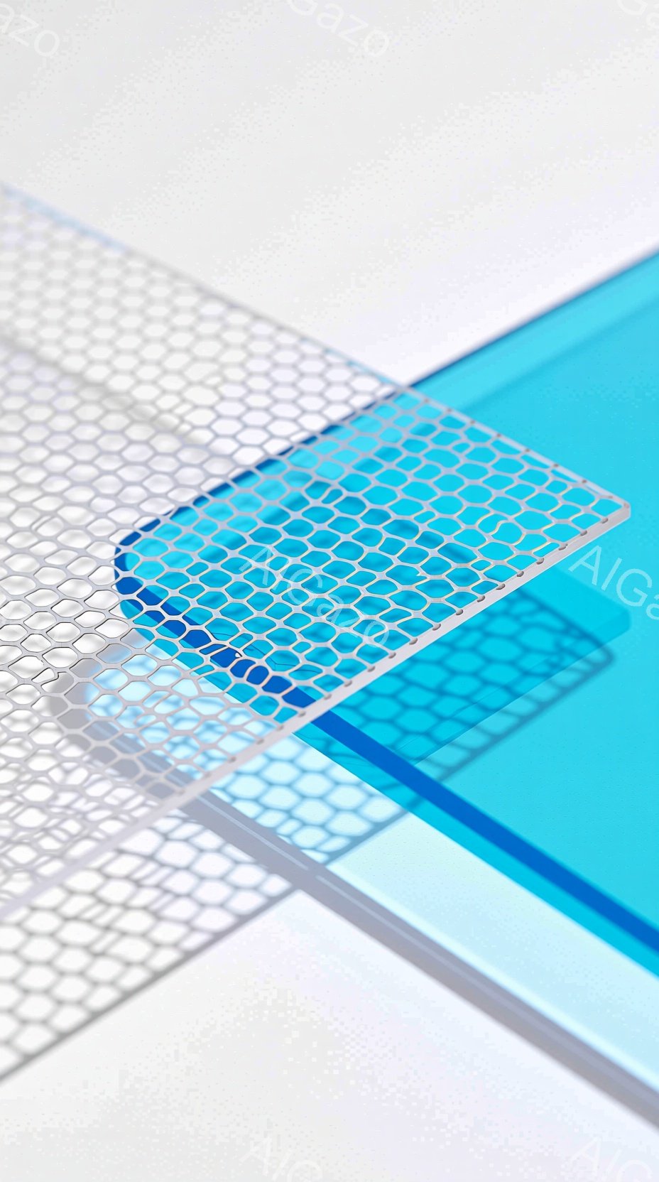 この画像は、青色のキーボードが白地に斜めに配置された抽象的な構図です。キーボードは半透明で、影が重なり合い、未来的な印象を与えています。全体的にクールでミニマルな雰囲気が漂い、技術的なコンセプトアートのようです。