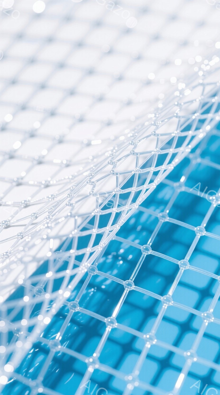 この画像は、青い背景の上に、白く輝く線と点で構成された網目状の構造が描かれています。構造は画面の左上から右下へ斜めに伸びており、まるで何らかのネットワークや接続を表しているかのような印象を与えます。全体的に未来的でテクノロジーを感じさせる、クールな雰囲気です。
