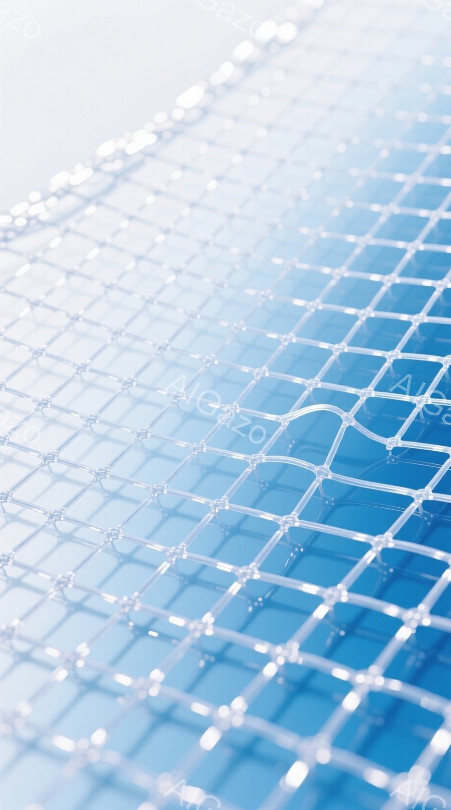 この画像は、青い背景に白い線で構成された、まるでナノテクノロジーの構造のような、複雑な網目状のパターンを示しています。光沢のある表面が未来的な印象を与え、科学的な精密さを強調しています。全体として、高解像度で鮮やかな色彩が特徴の、抽象的で洗練されたイメージです。