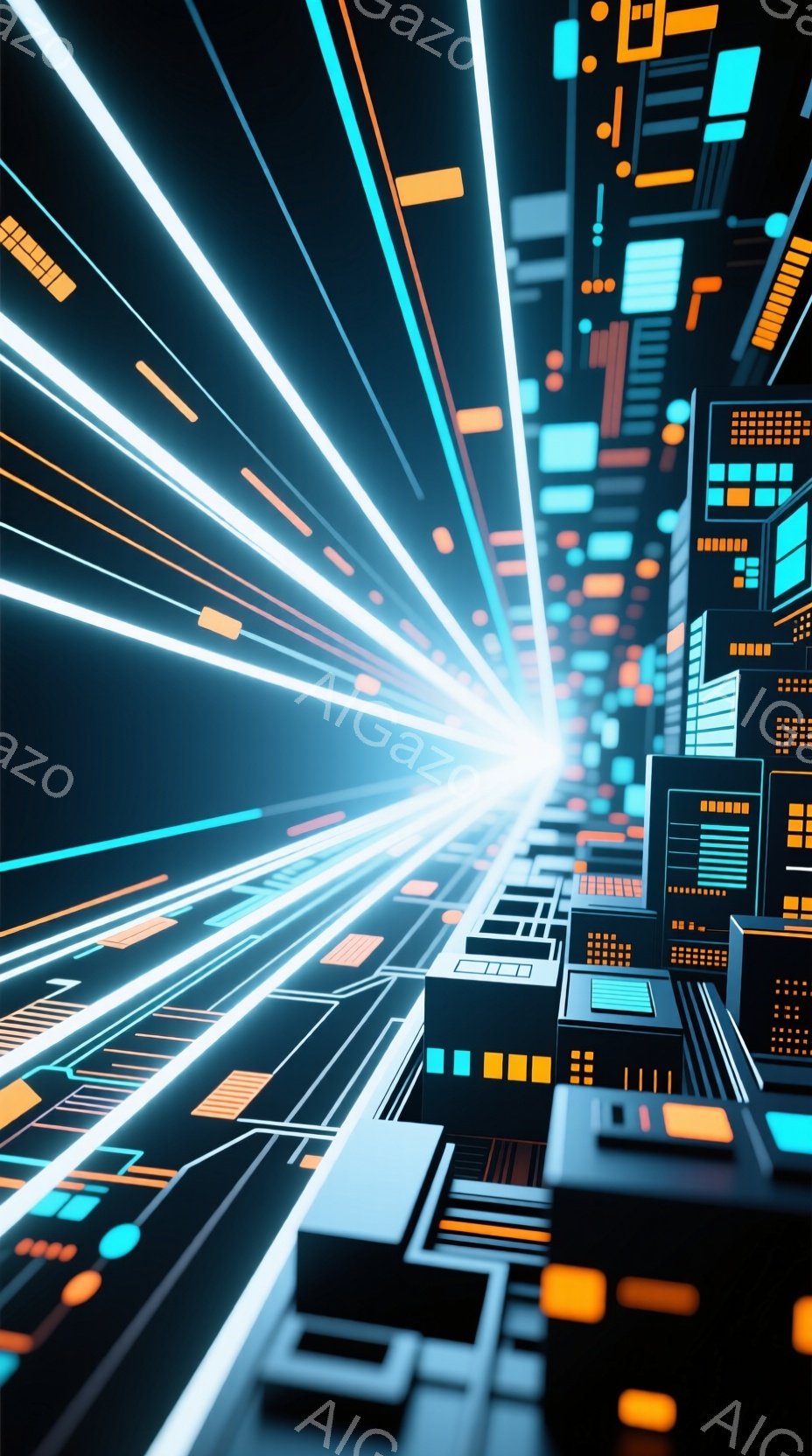 この画像は、未来的な都市の風景を描いています。暗い背景にネオンカラーの光の線が放射状に広がり、高層ビル群が整然と並び、サイバーパンクな雰囲気を醸し出しています。光の軌跡が速度感を強調し、都市全体がエネルギーと活気に満ち溢れている印象を与えます。