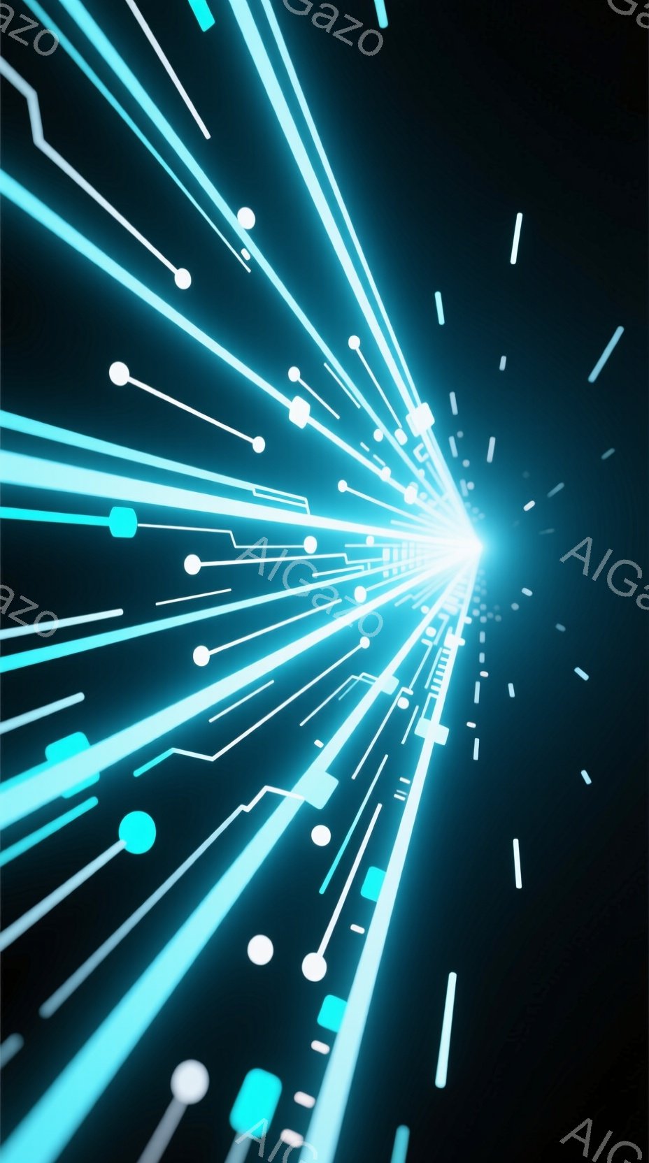 鮮やかな水色の線が、画面中央の明るい光に向かって放射状に広がっている様子が描かれている。線は電子回路のような形状をしており、未来的なテクノロジーやデータストリームを連想させる。全体的に暗い背景が、光の線とコントラストを作り出し、躍動感とスピード感を強調している。