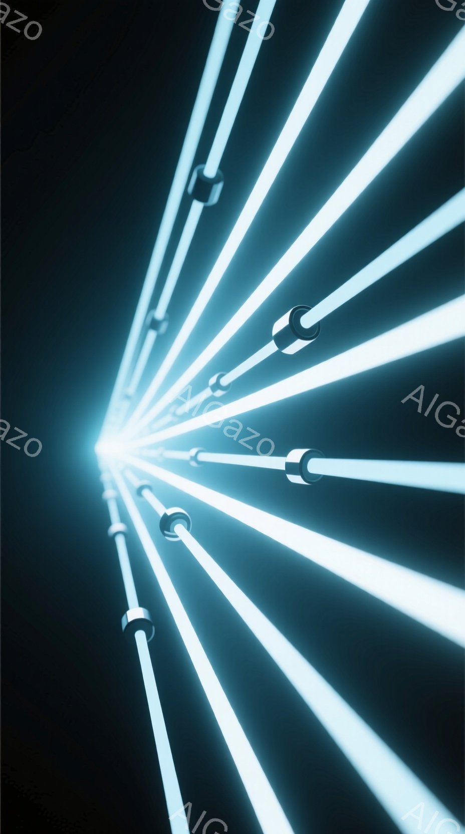 この画像は、暗い背景を背景に、放射状に広がる白い光の線が特徴的です。それぞれの光の線には、等間隔に配置された球状の白い物体が組み込まれており、未来的なトンネルや光の道を連想させます。全体的に、神秘的で没入感のある雰囲気が漂っています。