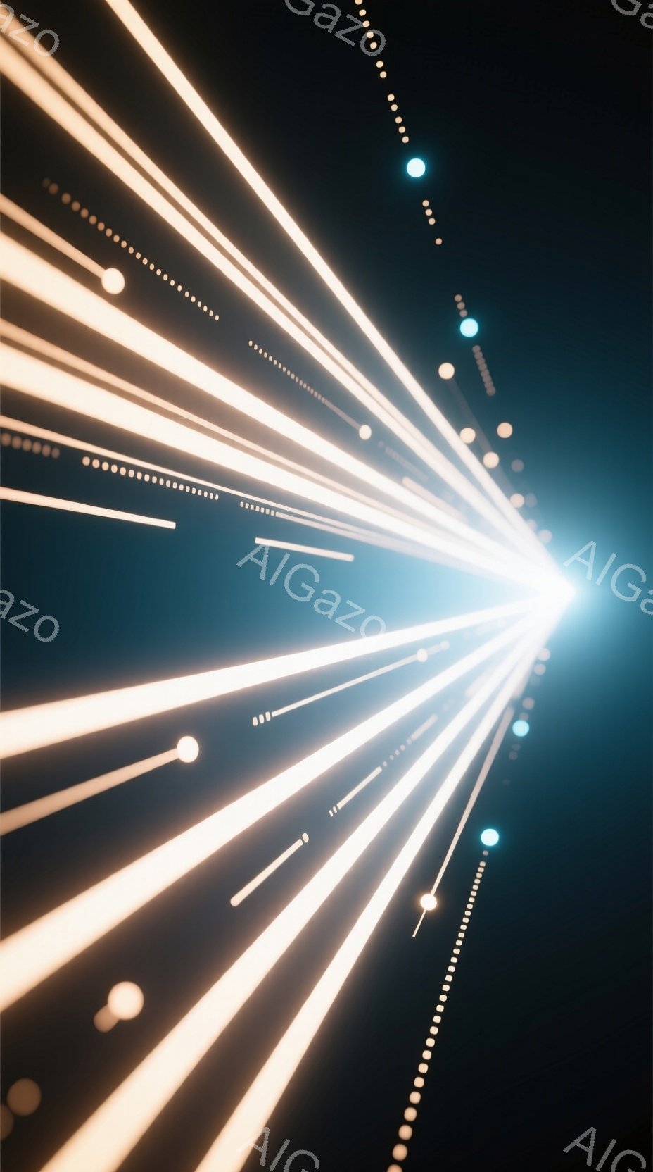 暗闇の中に、明るい光の線が放射状に広がっている様子が描かれている。光の線は白く、かすかに金色がかった輝きを持ち、遠くへ向かうにつれて薄れていく。背景は深い黒色で、光の線のコントラストが際立ち、未来的な - AI生成フリー素材