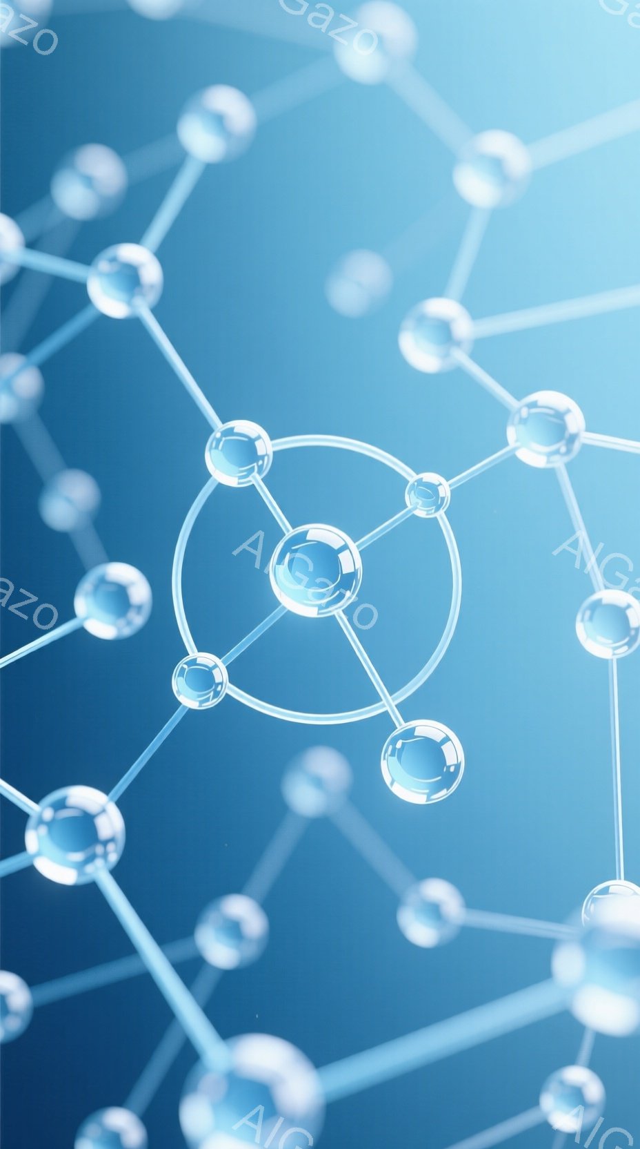 この画像は、青色の背景に、光沢のある白い球が線で繋がれたネットワークの抽象的な表現です。球は様々な大きさで、複雑なつながりを示しており、まるで分子構造や神経回路のような印象を与えます。全体的に、科学的 - AI生成フリー素材
