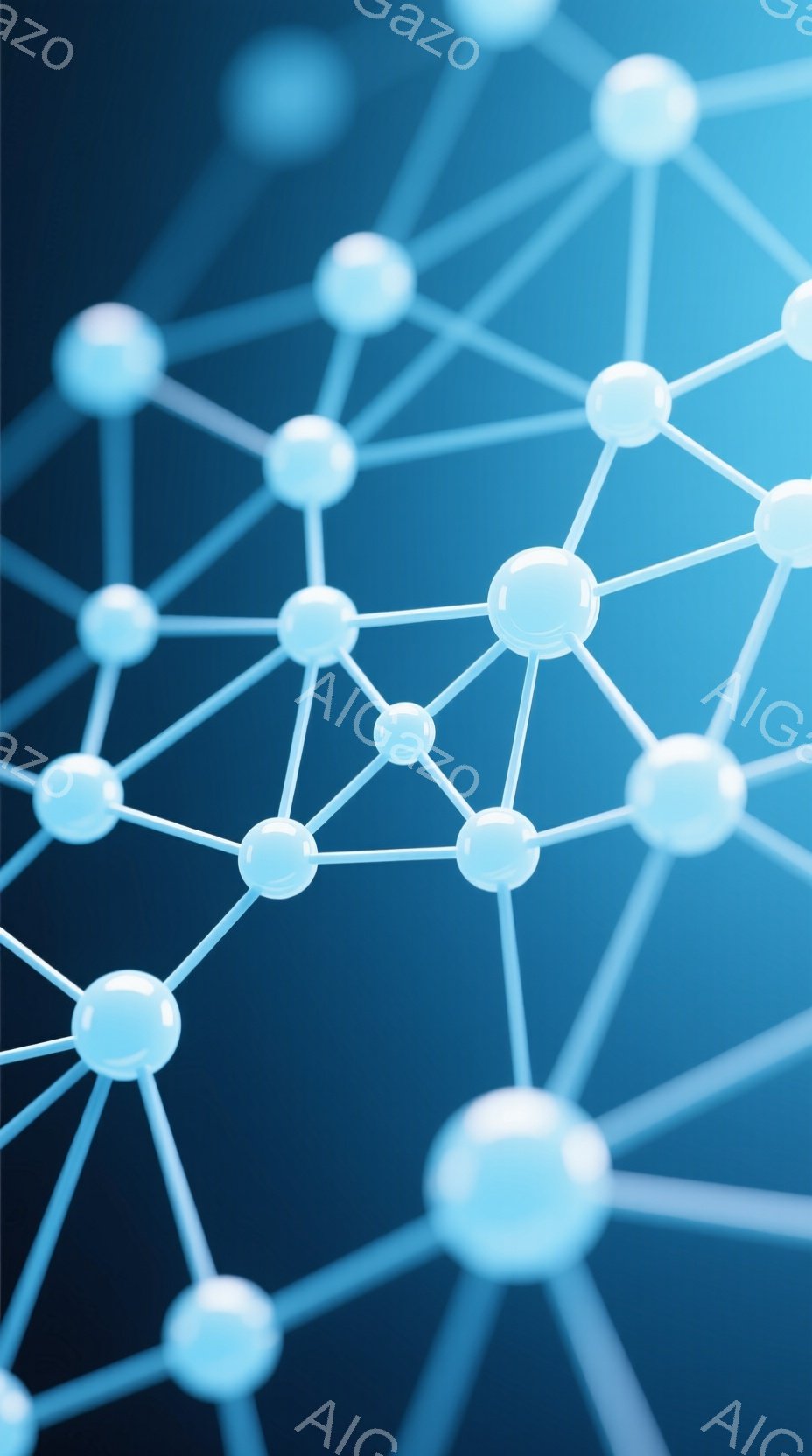 この画像は、青色のグラデーションを背景に、互いに接続された白い球体で構成されたネットワークのクローズアップです。球体は線で接続され、分子構造や接続性を象徴するような抽象的なパターンを形成しています。全体として、科学的または技術的なイメージで、先進性や複雑さを感じさせます。