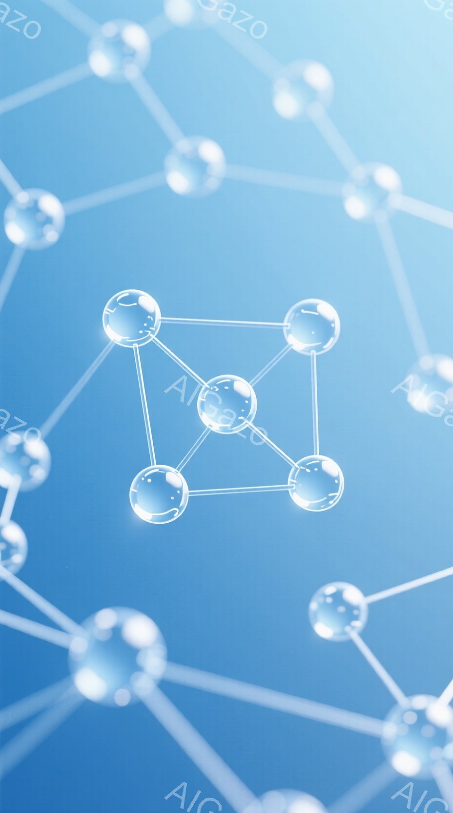 この画像は、明るい青色の背景に、白く光る球体と線で構成されたネットワークの抽象的な表現です。球体は互いに接続され、複雑な構造を形成しており、科学、テクノロジー、または接続性を象徴しているように見えます - AI生成フリー素材
