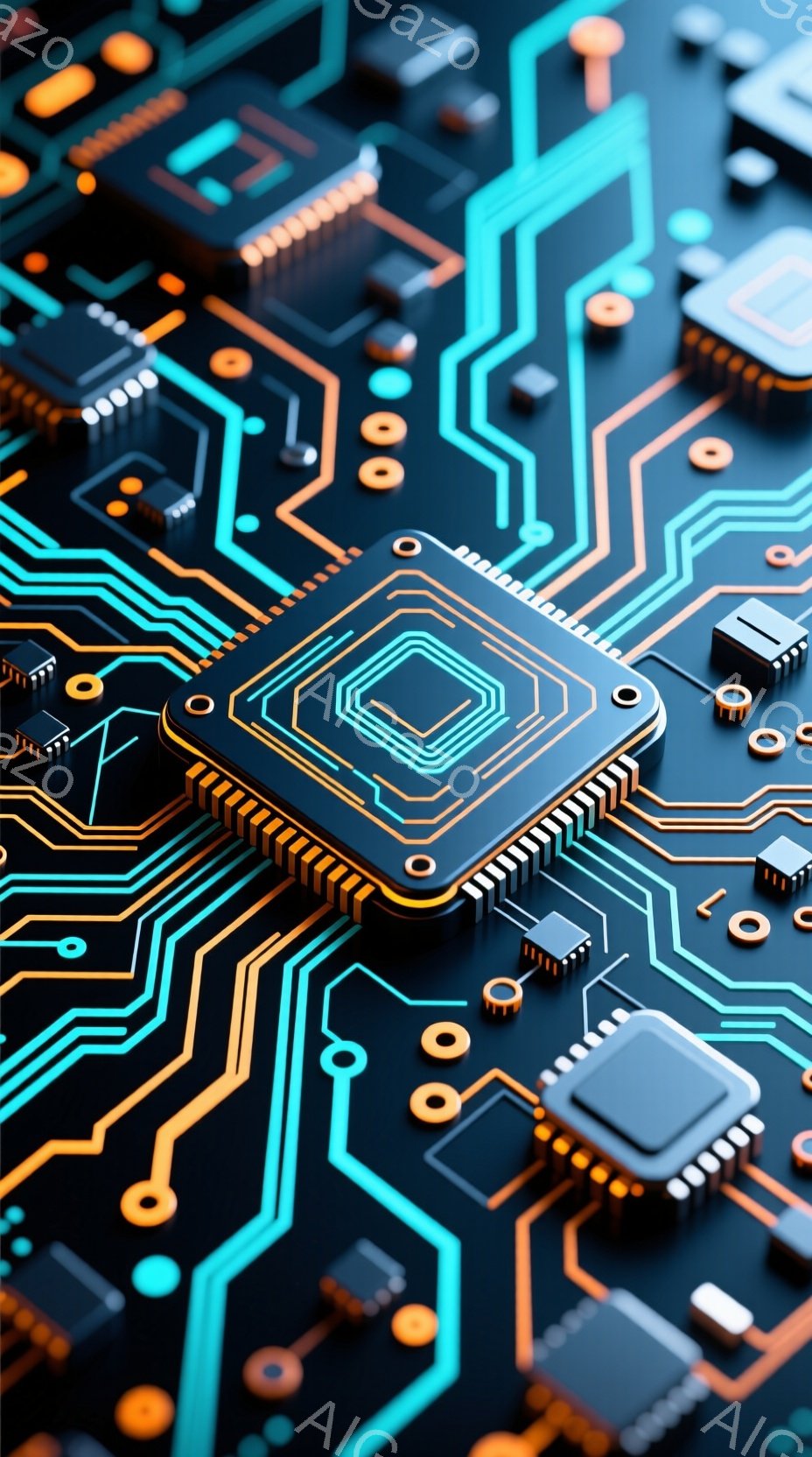 この画像は、回路基板をクローズアップしたもので、鮮やかなターコイズブルーとオレンジ色の線が複雑に絡み合って構成されています。中央には、金色の縁取りがされた大きなチップが配置され、周囲には様々な電子部品が規則的に配置されています。全体的に未来的な印象を与え、テクノロジーと精密さを強調しています。