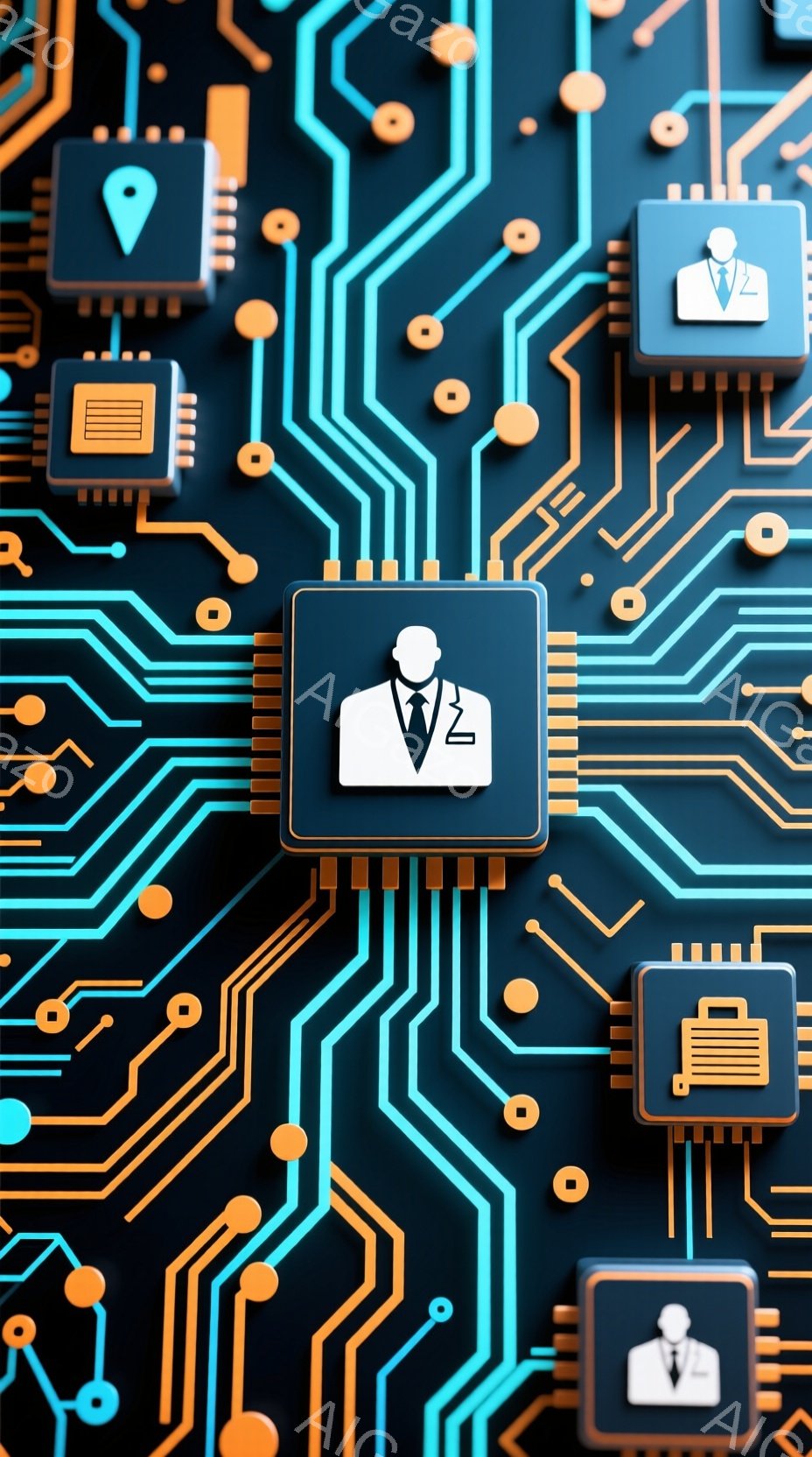 この画像は、複雑な回路基板を背景にしたデジタルアート作品です。いくつかのアイコンが配置されており、その一つには白衣を着た男性のシルエットが描かれています。全体的に、テクノロジーと医療が融合した、未来的な印象を与えるデザインです。