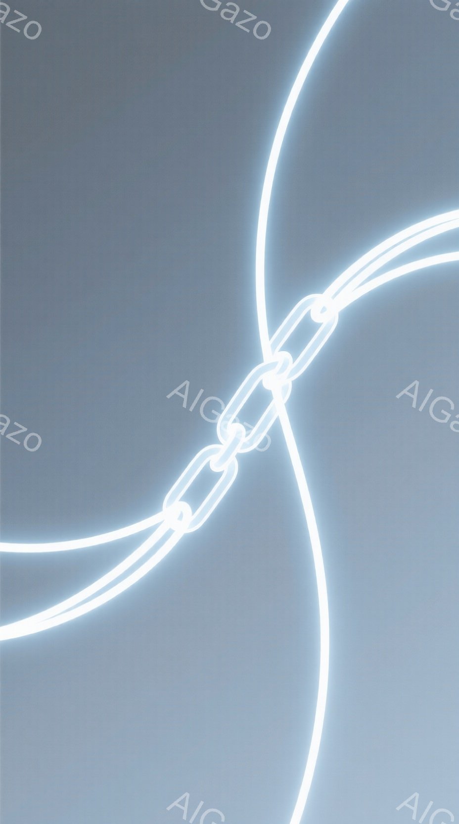 明るい白色の光の線が、暗い青色の背景に抽象的に描かれています。光の線はうねり、一部で連鎖のように繋がっており、まるでエネルギーの流れや繋がりを象徴しているかのようです。全体的に未来的な印象で、静寂と力強さを感じさせます。