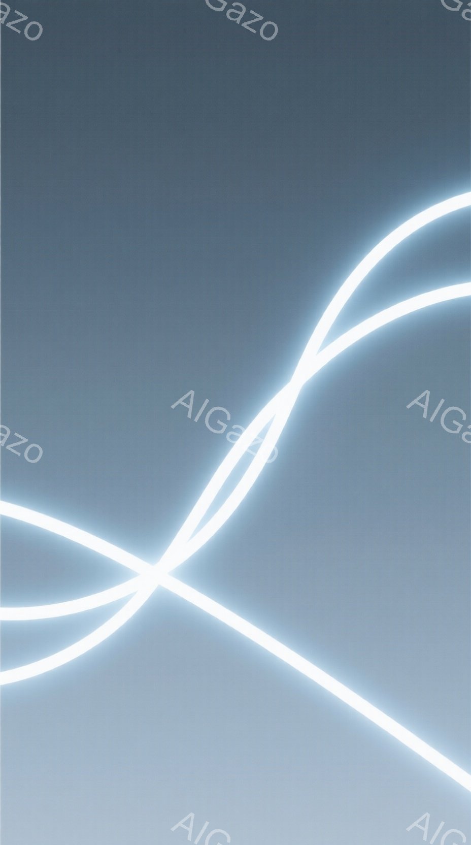 この画像は、青みがかったグレーのグラデーションの背景に、明るい白い線が曲線的に交差している様子を描いています。線はまるで光の軌跡のようで、未来的な雰囲気と静寂を醸し出しています。背景は均一で、線の美し - AI生成フリー素材