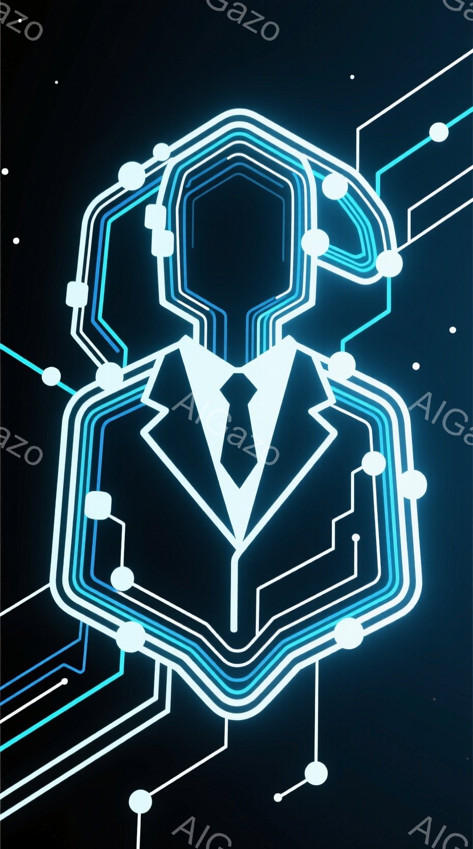 この画像は、ネオンブルーの線で描かれたビジネスマンのシルエットを表しています。彼はスーツとネクタイを着ており、顔の表情ははっきりとは見えませんが、全体的に洗練された印象を与えます。背景には、線のネット - AI生成フリー素材