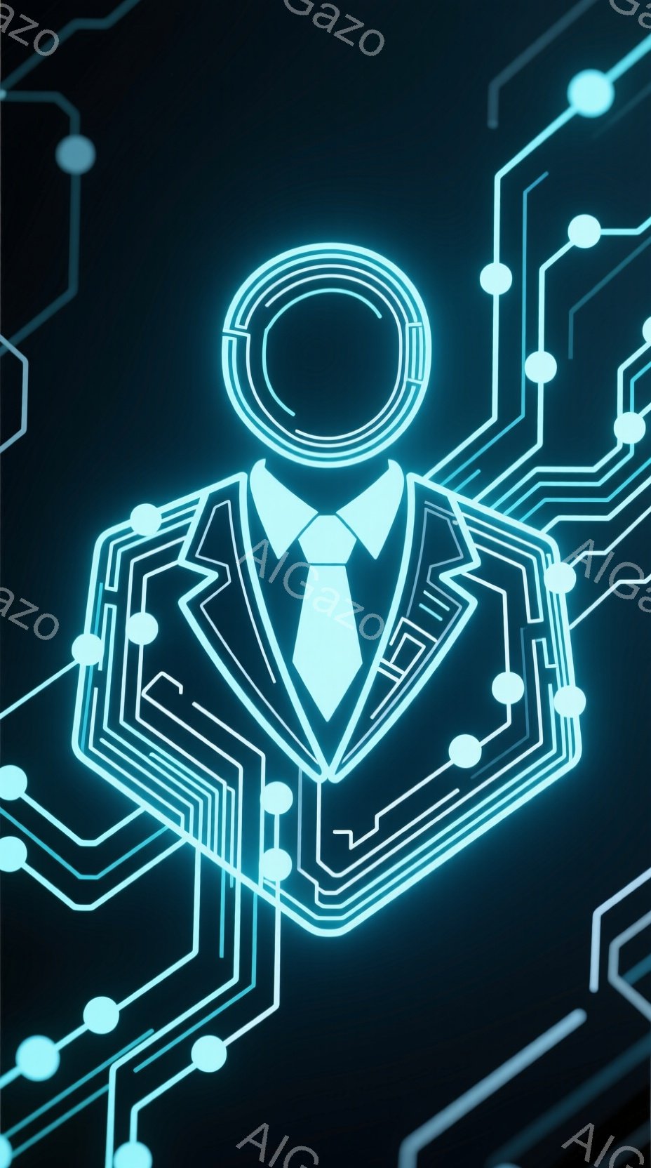 この画像は、青い光で描かれた、スーツを着た人物のシルエットです。顔の部分は円形の光で覆われ、表情はわかりません。背景には、光る線が複雑に絡み合った回路のような模様が広がっており、未来的な雰囲気を醸し出しています。