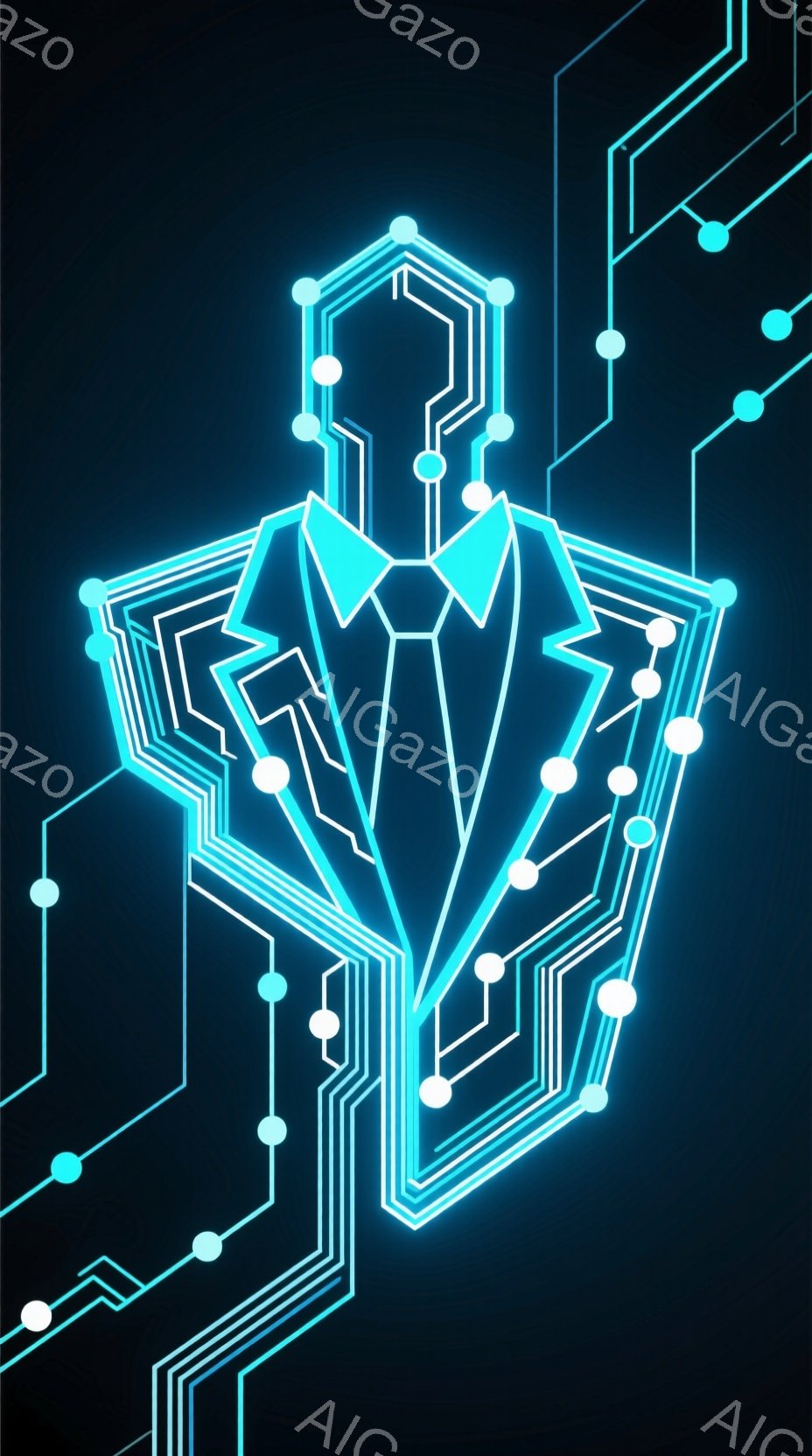 鮮やかな水色の光で構成された人物が描かれています。スーツとネクタイを着用し、整った髪型で、まるでデジタル回路の一部であるかのような未来的な印象を与えます。背景は暗く、水色の線が複雑に絡み合い、まるでサイバー空間を想起させるような雰囲気を醸し出しています。