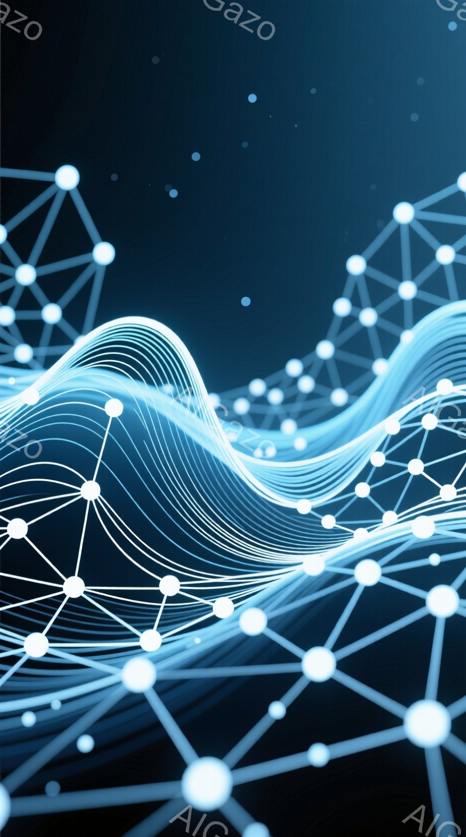 この画像は、暗い背景に白と青の光の線で構成された抽象的なネットワークが描かれています。曲線的な線が波のように重なり合い、ネットワークは点と線で接続された球体で構成されています。全体的に、未来的なテクノロジー、データ接続、そして流動的なエネルギーを感じさせるイメージです。