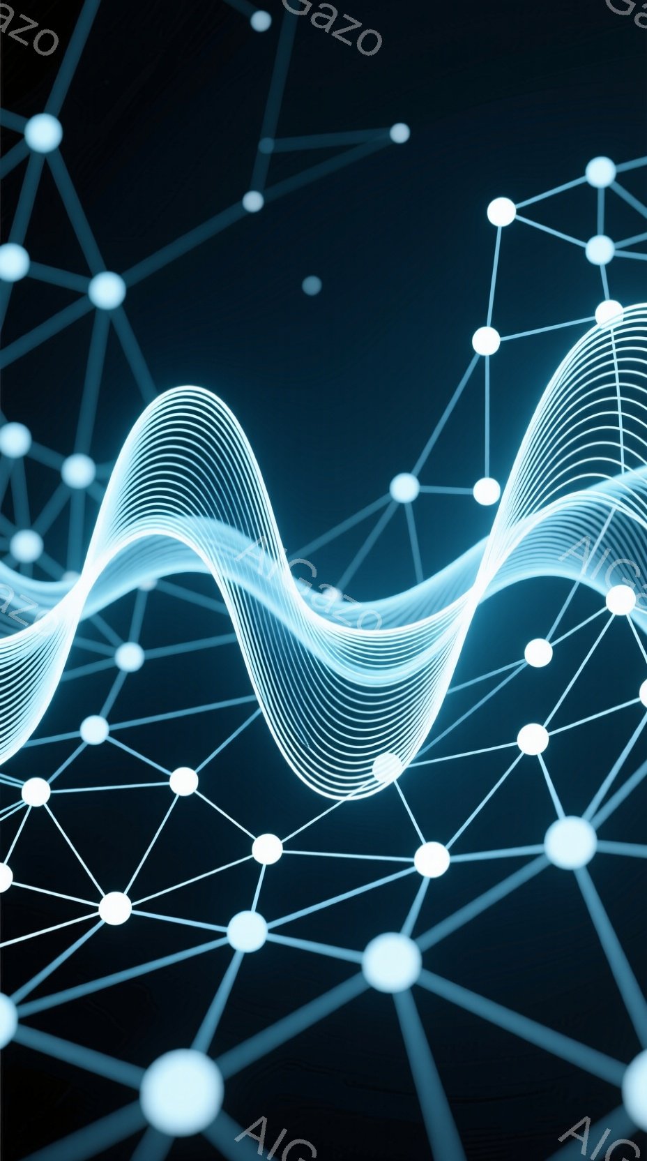 深い紺色の背景に、白く光る点が線で結ばれたネットワークが広がっています。その上に、波のような曲線が幾重にも重なり、光の軌跡を描くように流れています。全体的に未来的で、テクノロジーやデータ、あるいはエネルギーの流れを連想させるような雰囲気です。