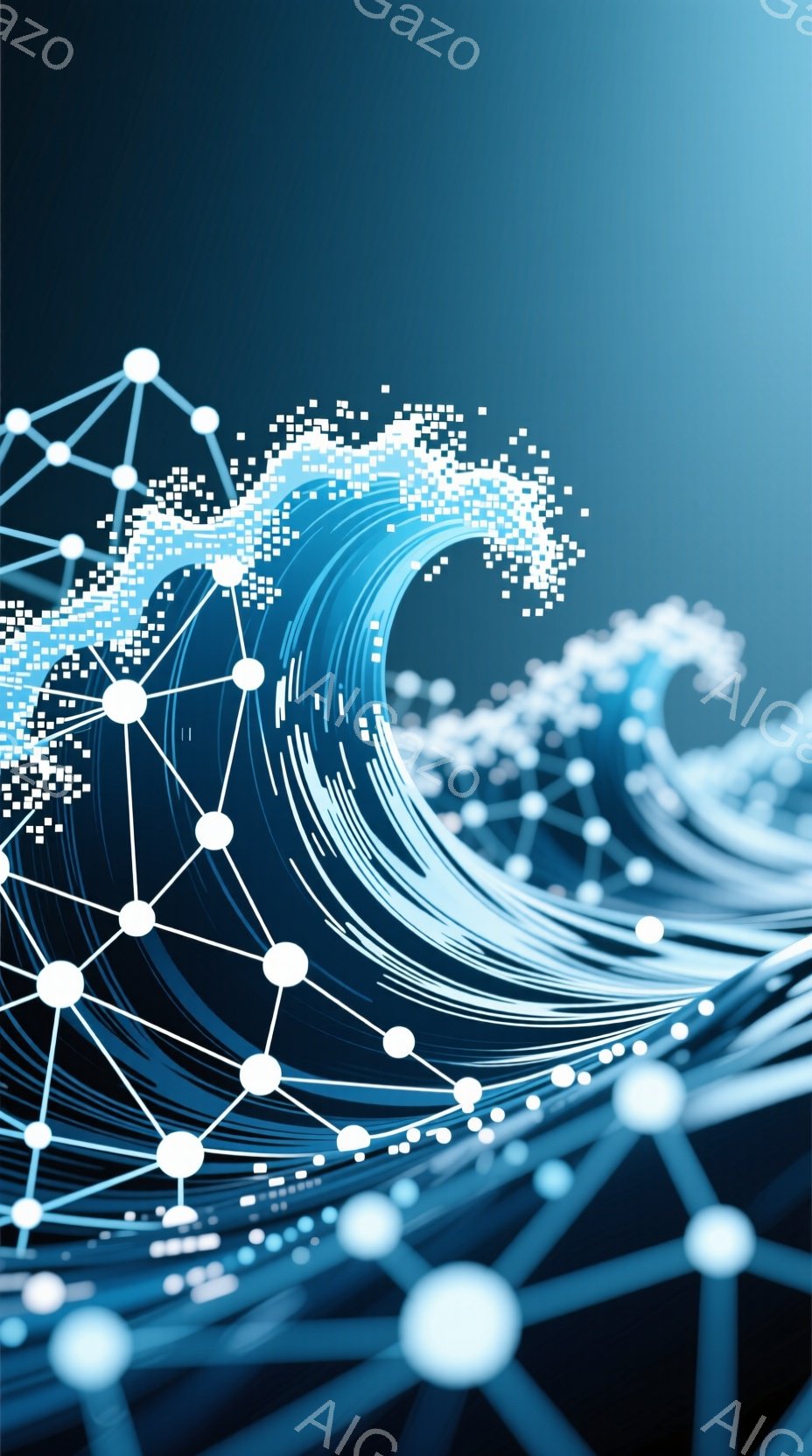濃い青色の背景に、白く輝く波が描かれている。波は、点と線で構成されたネットワークと融合し、デジタルと自然の融合を表現している。全体として、テクノロジーと自然の調和、または情報ネットワークのダイナミックな流れを暗示する、未来的な雰囲気を持つ作品である。