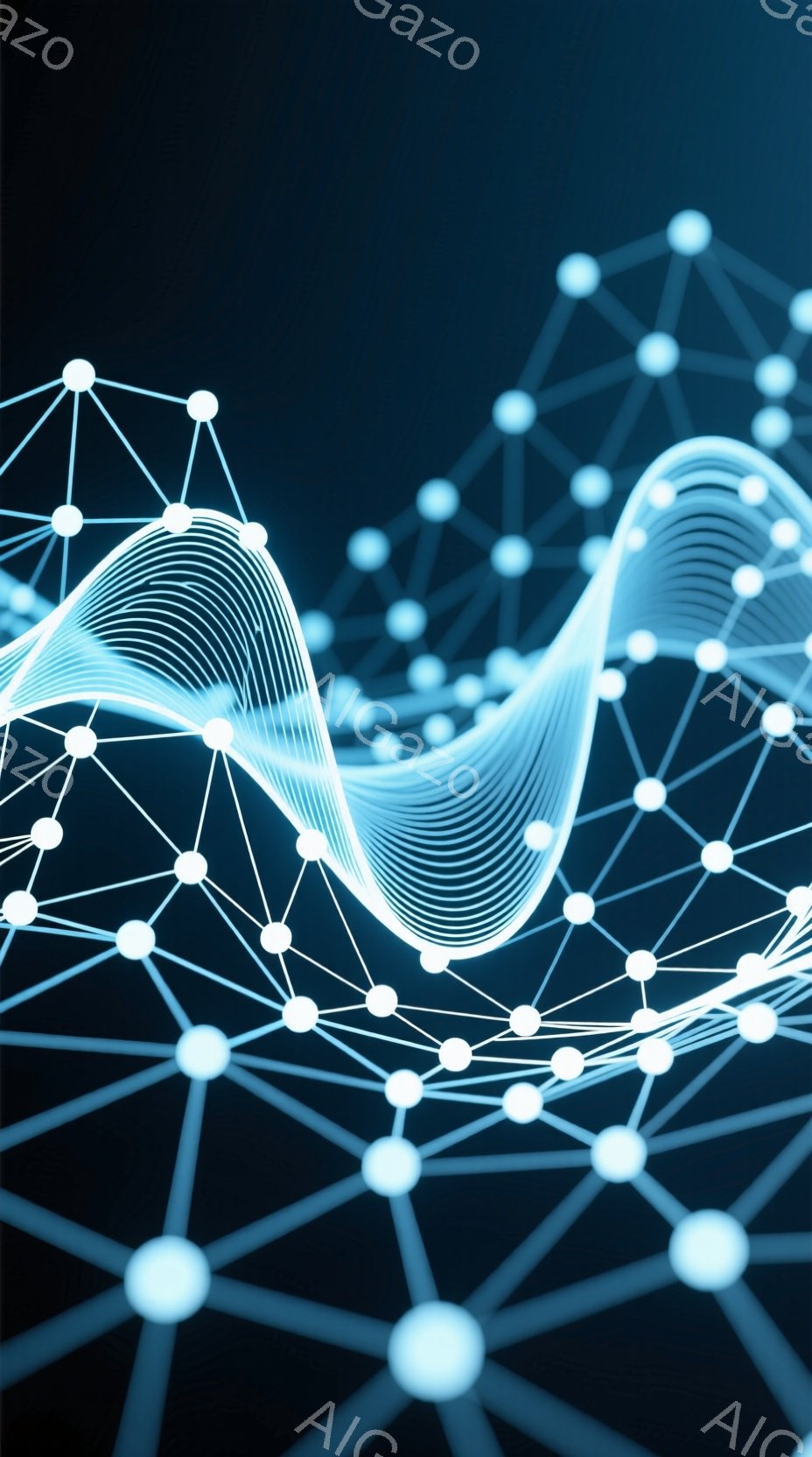 暗い背景に、光る白い線が波のような形を描き、複雑なネットワーク構造と交差している。ネットワークは多くの白い点とそれらを繋ぐ線で構成され、まるでデータや情報を視覚化したような印象を与える。全体的に未来的な雰囲気で、科学技術やデジタル世界の概念を表現しているように見える。