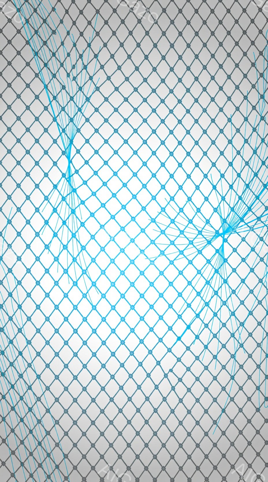 白い背景に、網目状の模様が全体に広がっています。青い線が網目から放射状に広がり、中央に向かって集中するようなデザインになっています。 全体的に、光の拡散やエネルギーの流れを表現した抽象的なイメージです。