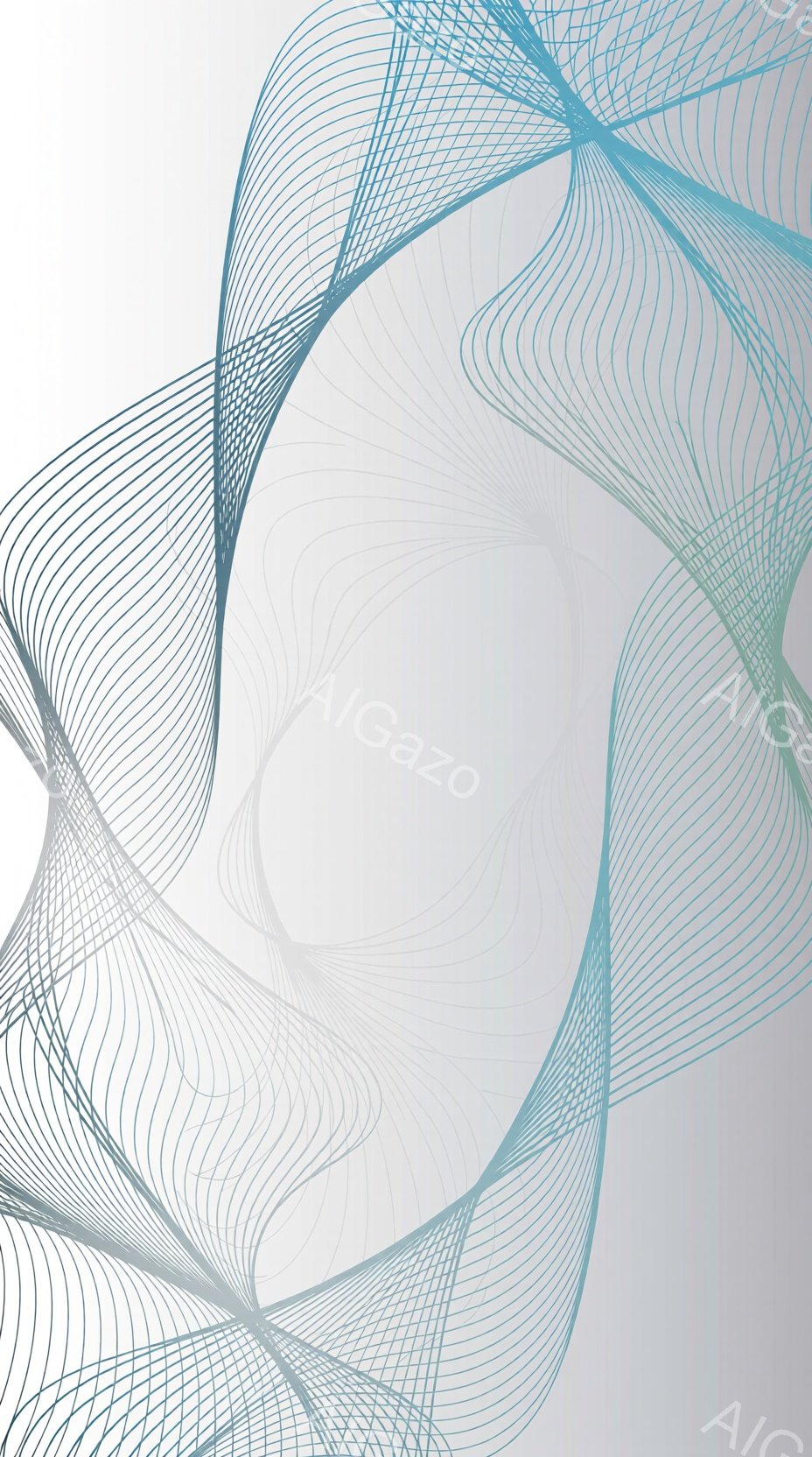 この画像は、淡いグレーのグラデーションを背景に、青緑色の細い線が渦巻状に配置された抽象的なアートワークです。線は中心に向かって収束し、流動的で有機的な印象を与えます。全体的に穏やかで瞑想的な雰囲気が漂い、洗練された美しさを感じさせます。