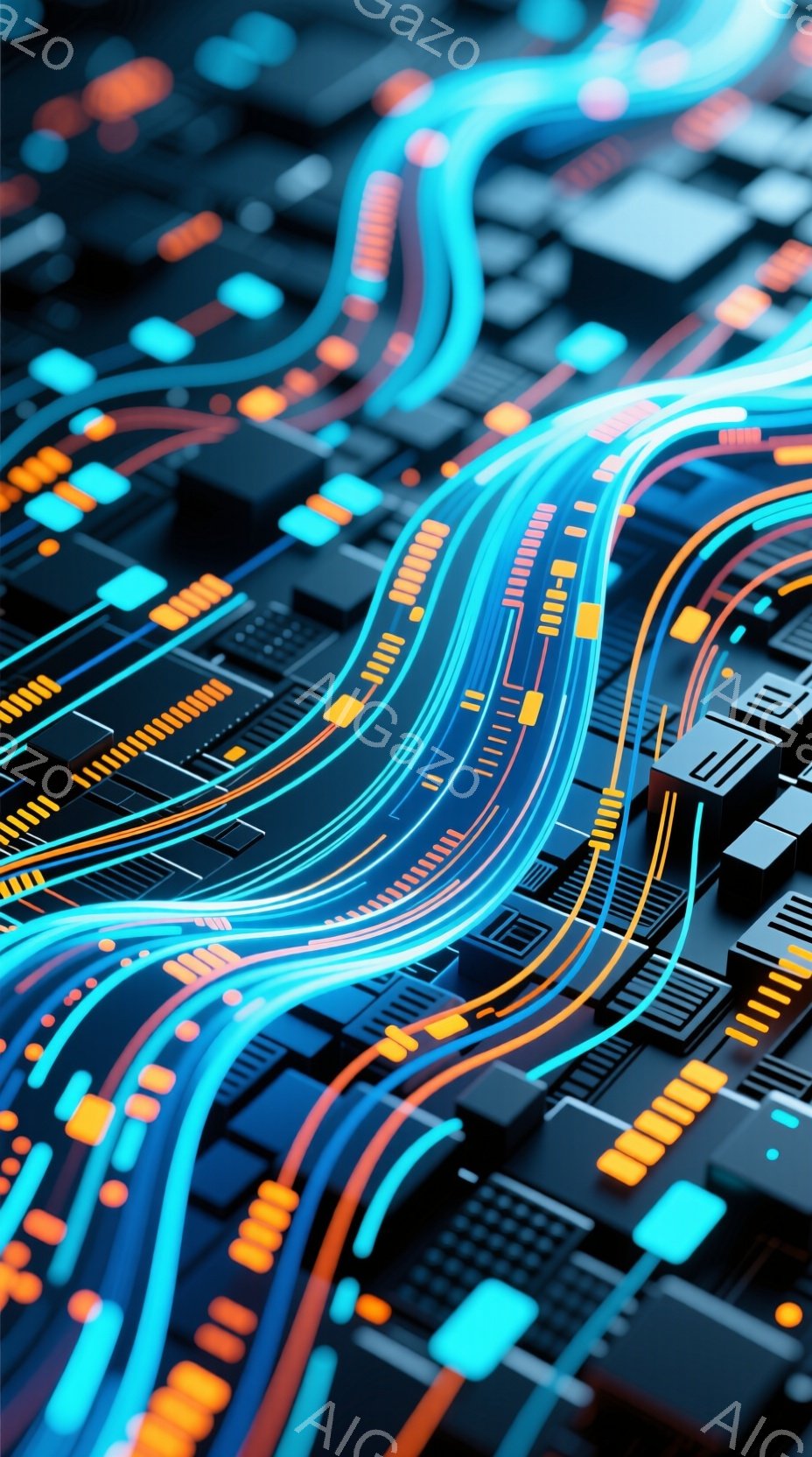 この画像は、鮮やかな青とオレンジ色の光のラインが複雑に絡み合い、未来的な回路基板のようなパターンを形成しています。光のラインは、ミニチュアサイズの電子部品やブロック状の構造物を繋ぎ、高度なテクノロジー - AI生成フリー素材