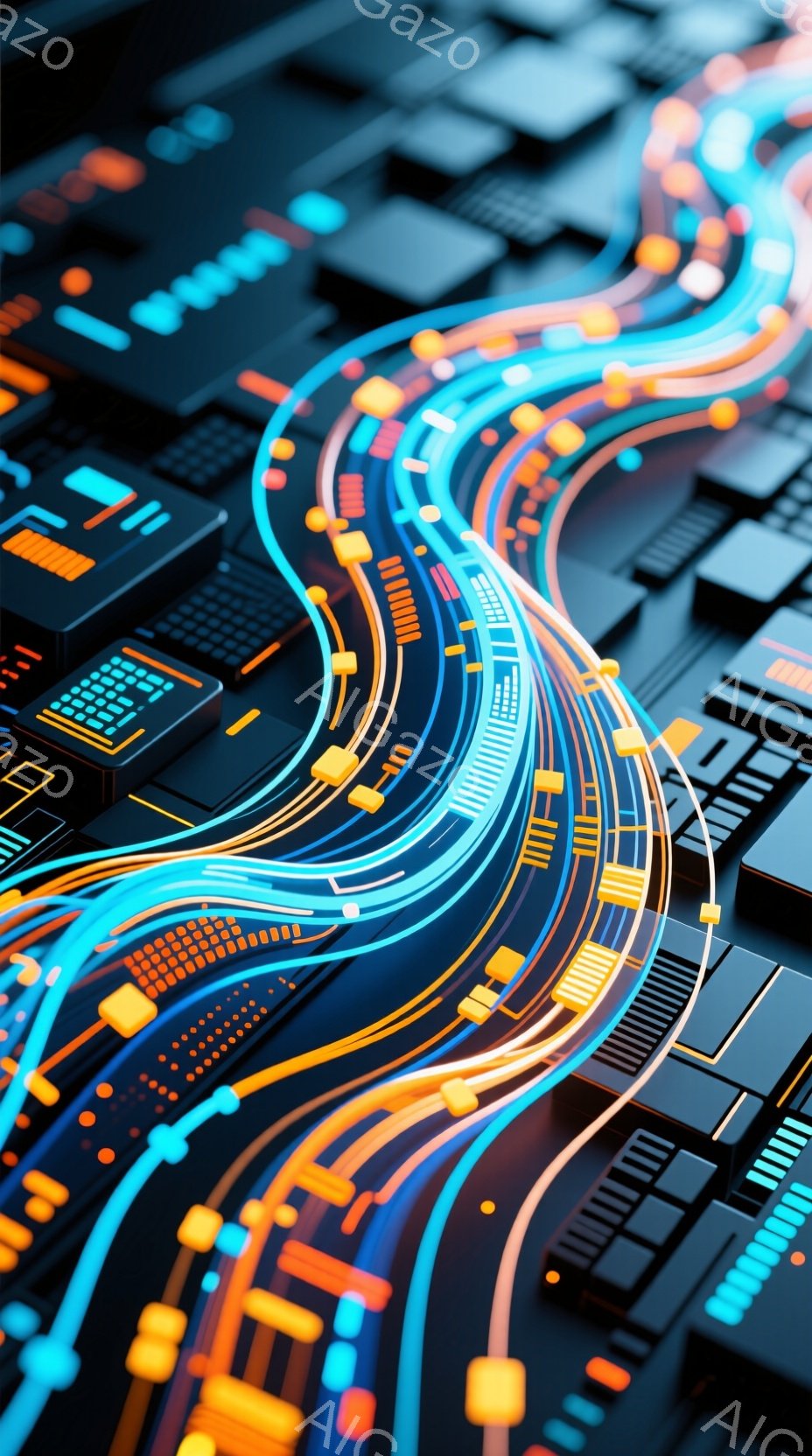 この画像は、未来的な回路基板を捉えた抽象的な表現です。青、オレンジ、黄色の光の線が複雑に絡み合い、まるで都市の夜景のような印象を与えます。基板上に配置された黒い電子部品が、テクノロジーの力強さと洗練さを強調しています。