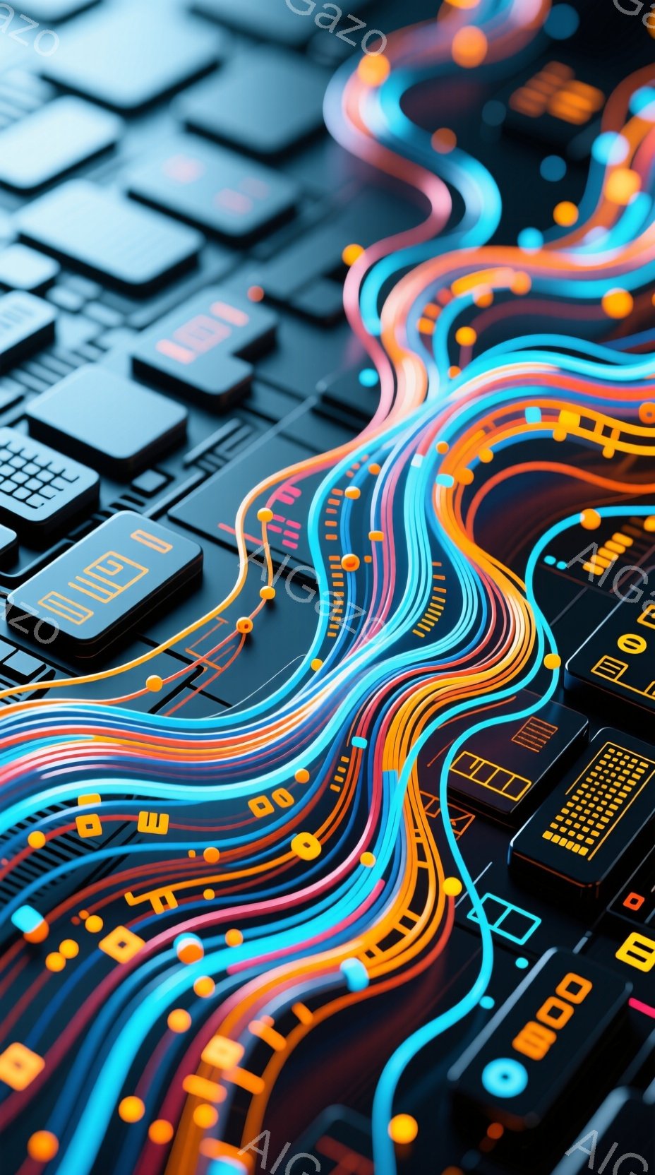 この画像は、回路基板上に流れる鮮やかな光の線を描写しています。青、オレンジ、黄色の光が複雑に絡み合い、電子的なエネルギーの流れを表現しています。基板上の黒い部品が、現代テクノロジーの精密さを強調してい - AI生成フリー素材