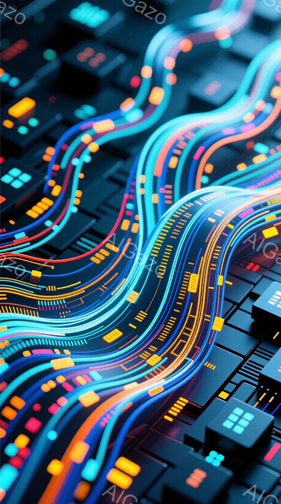 この画像は、鮮やかなネオンカラーのラインが複雑に絡み合い、サイバーパンクのような未来的な回路図を思わせる抽象的な表現です。黒色のブロック状の構造物がラインと交差しており、技術的な精密さと芸術的な美しさ - AI生成フリー素材