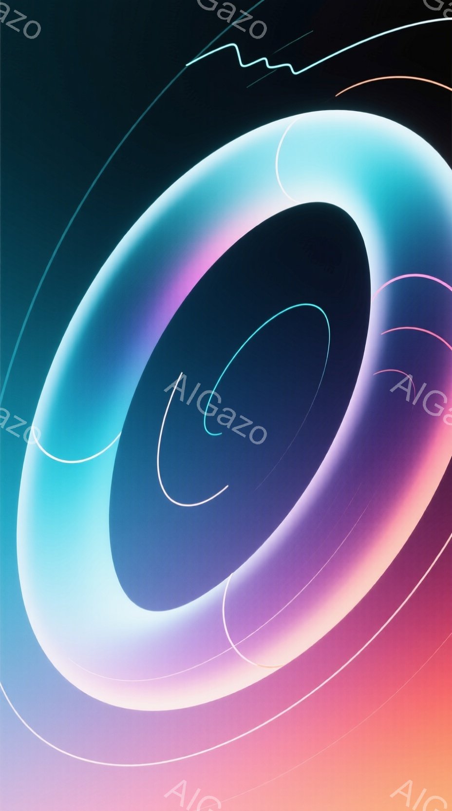 鮮やかなターコイズブルーからホットピンクへのグラデーションが特徴的な、抽象的な円形の光のイメージです。中心部は深い紫色の暗闇で、そこから放射状に光が広がり、複数の白い線がその周りをリング状に囲んでいま - AI生成フリー素材