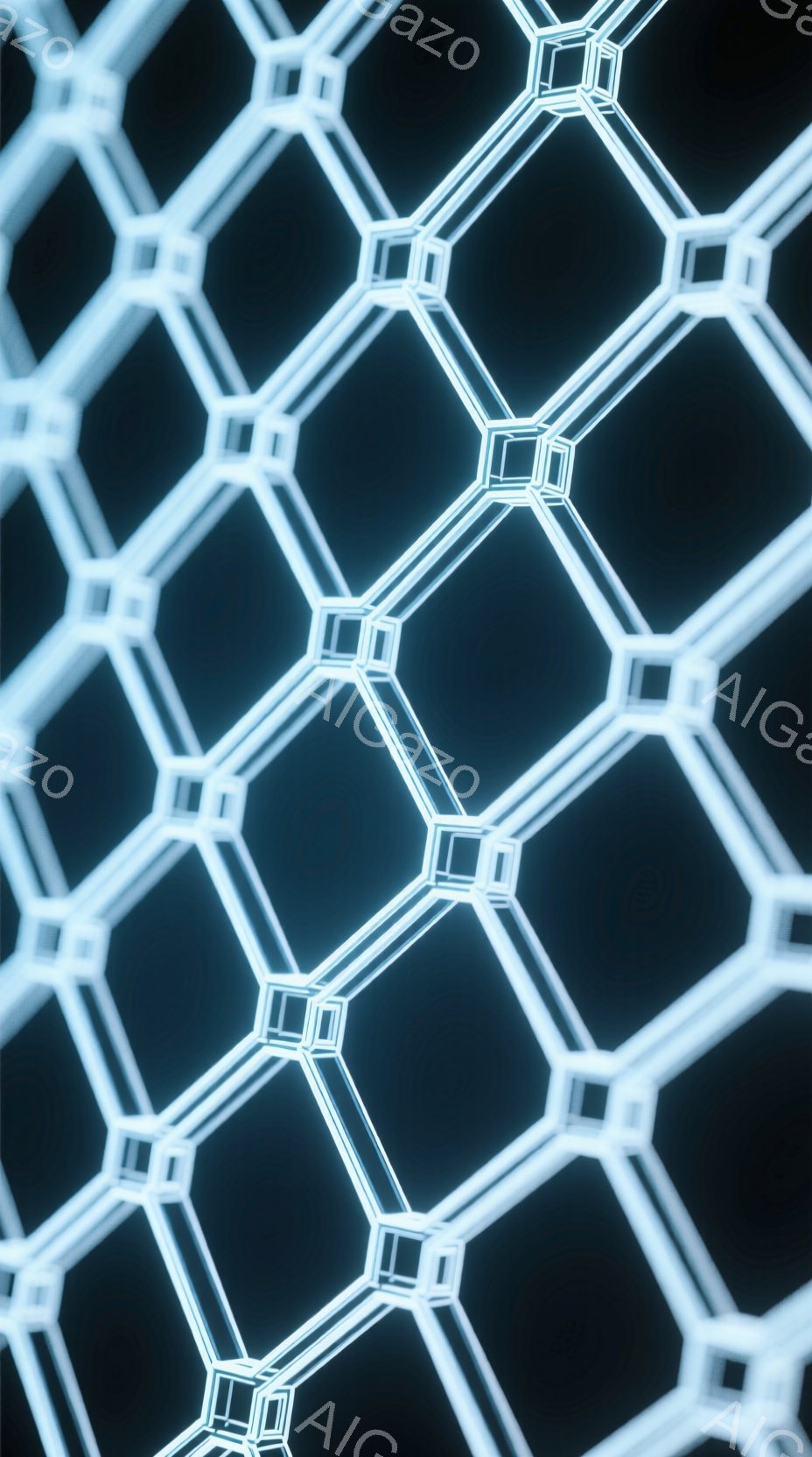 画像は、青みがかった暗い背景に、明るい白色の六角形が連なるグリッド状のパターンを示している。六角形は線で繋がれており、まるで神経回路や未来的な構造物を連想させる。全体的に未来的で、デジタルまたは科学的な雰囲気が漂っている。