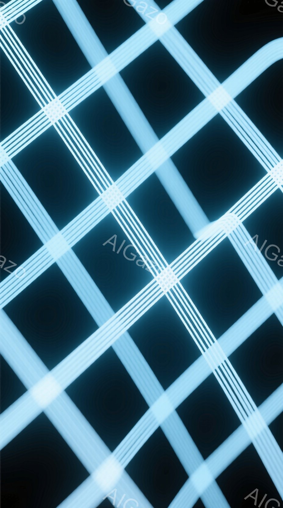 この画像は、暗い背景に青白い光の線が交差する抽象的な表現です。光の線は、まるでレーザー光線やネオンサインのように、明るく輝き、互いに複雑に絡み合っています。全体的に未来的な雰囲気と、エネルギーを感じさせる視覚効果が特徴です。