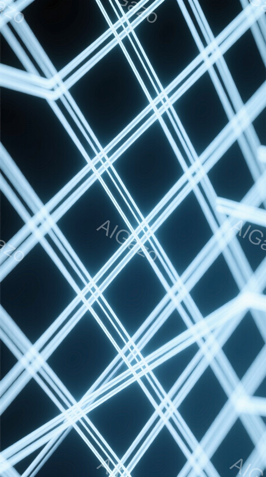 この画像は、互いに交差する光の線で構成された抽象的な表現です。光の線は明るい白く、暗い背景に対して強いコントラストを生み出しています。全体的に未来的な雰囲気があり、サイバーパンクやデジタルアートを連想 - AI生成フリー素材