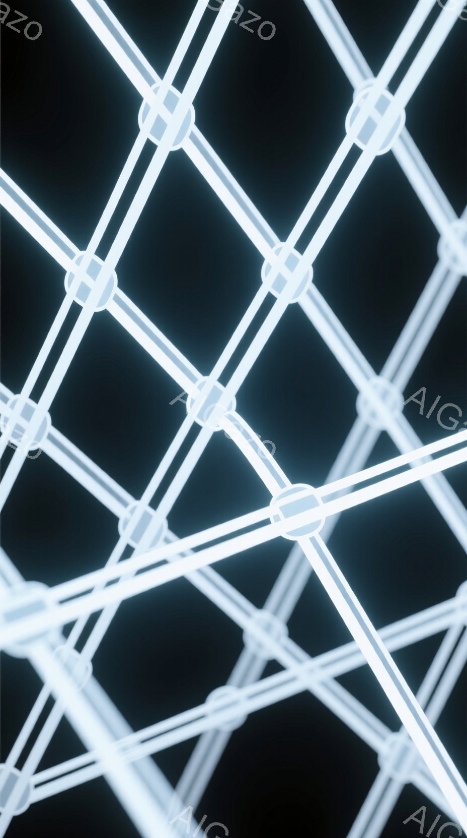 この画像は、白く光る棒が複雑に交差する抽象的な構造を描いています。光の筋はまるで分子構造やネットワークのようであり、暗い背景とのコントラストが未来的な印象を与えます。全体的に無機質で冷たい雰囲気ですが、光の反射がわずかな温かみを加えています。