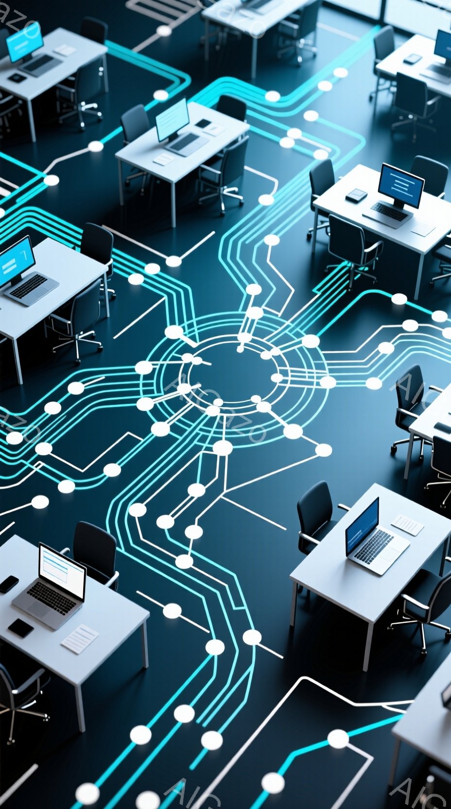 この画像は、黒い床に配置された複数の白い机と椅子が並んでいる様子を捉えています。各机の上にはノートパソコンが置かれ、床面には複雑な配線のような青いラインと白い円が描かれており、サイバー空間やネットワークを連想させるデザインとなっています。全体的に無機質で未来的であり、人の姿はなく、静寂とテクノロジーの融合が感じられます。