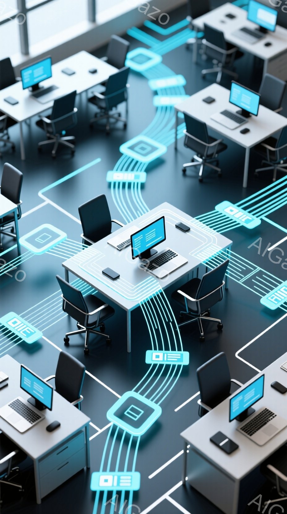鮮やかな水色の床に、整然と並んだオフィスデスクが広がっています。各デスクにはノートパソコン、キーボード、マウス、そしてペンが置かれ、抽象的な光の線がデスク間を結び、未来的なネットワークを表現しています。全体的に、シンプルでミニマルなデザインであり、先進的で洗練された雰囲気を醸し出しています。