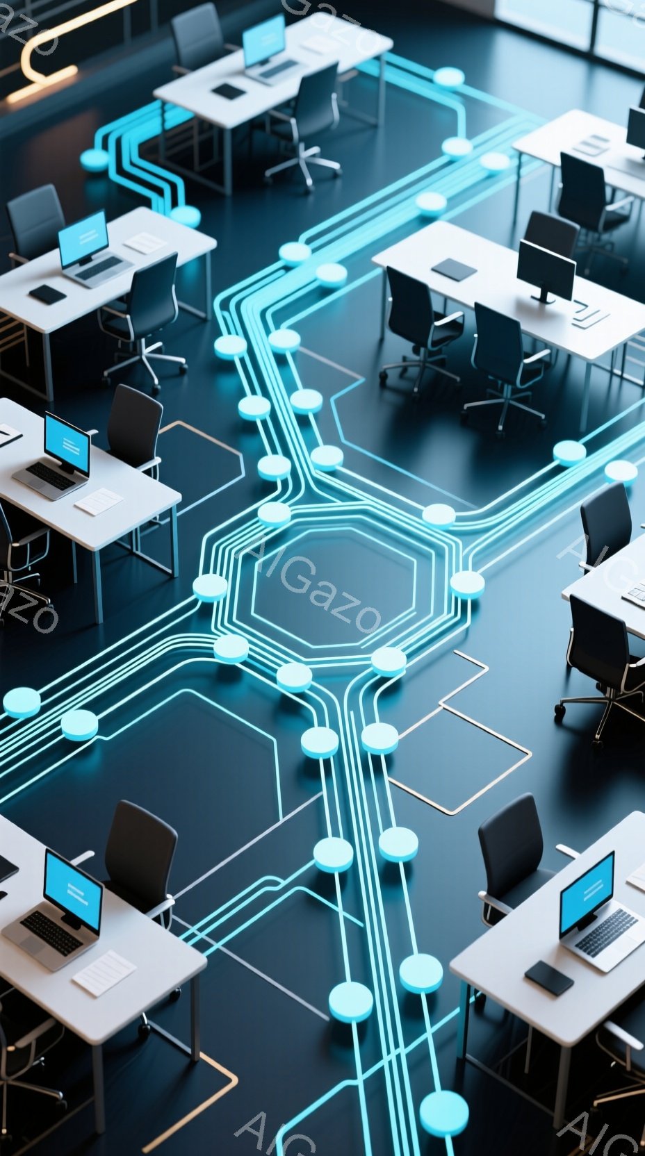 この画像は、未来的な青色の回路が描かれた床に配置された、オフィスチェアとノートパソコンの配置を示しています。 各ノートパソコンの画面には白色の表示が確認でき、無機質で静的な雰囲気を醸し出しています。 全体的に、技術と抽象的なデザインが融合した、冷たく清潔な印象を受ける空間です。