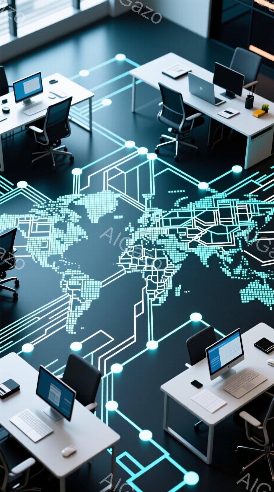この画像は、オフィス空間を俯瞰しており、白を基調としたデスクが、世界地図を模した光る線で区切られた床に配置されている。各デスクにはノートパソコンとスマートフォンが置かれ、モダンで未来的な印象を与えている。床の光る世界地図は、グローバルネットワークや情報伝達を想起させ、全体として、テクノロジーとグローバル化をテーマにした雰囲気を作り出している。